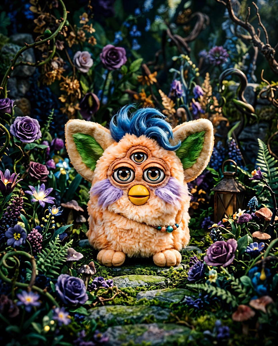一只橙白色、毛茸茸、三只眼睛的Furby玩偶，大而精细的眼睛，黄色的喙，居中放置在盛开的花园背景前。Furby头顶有一簇簇蓝色毛发，脸部周围有淡紫色的绒毛点缀。它的耳朵是浅褐色的，内侧是绿色的...