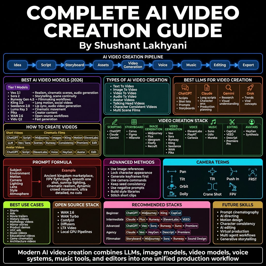 大多数人都在使用 AI 视频工具。但很少有人知道如何搭建一套完整的 AI 视频制作流水线。 随机剪辑和电影感内容之间的差别，就在于工作流。 这是一份完整的 AI 视频创作指南： 📂 AI 视频...
