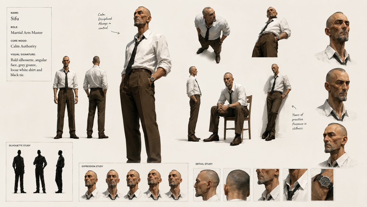 Create a 16:9 restrained formal stylized-3D martial-arts duel storyboard sheet image: a modern-m...