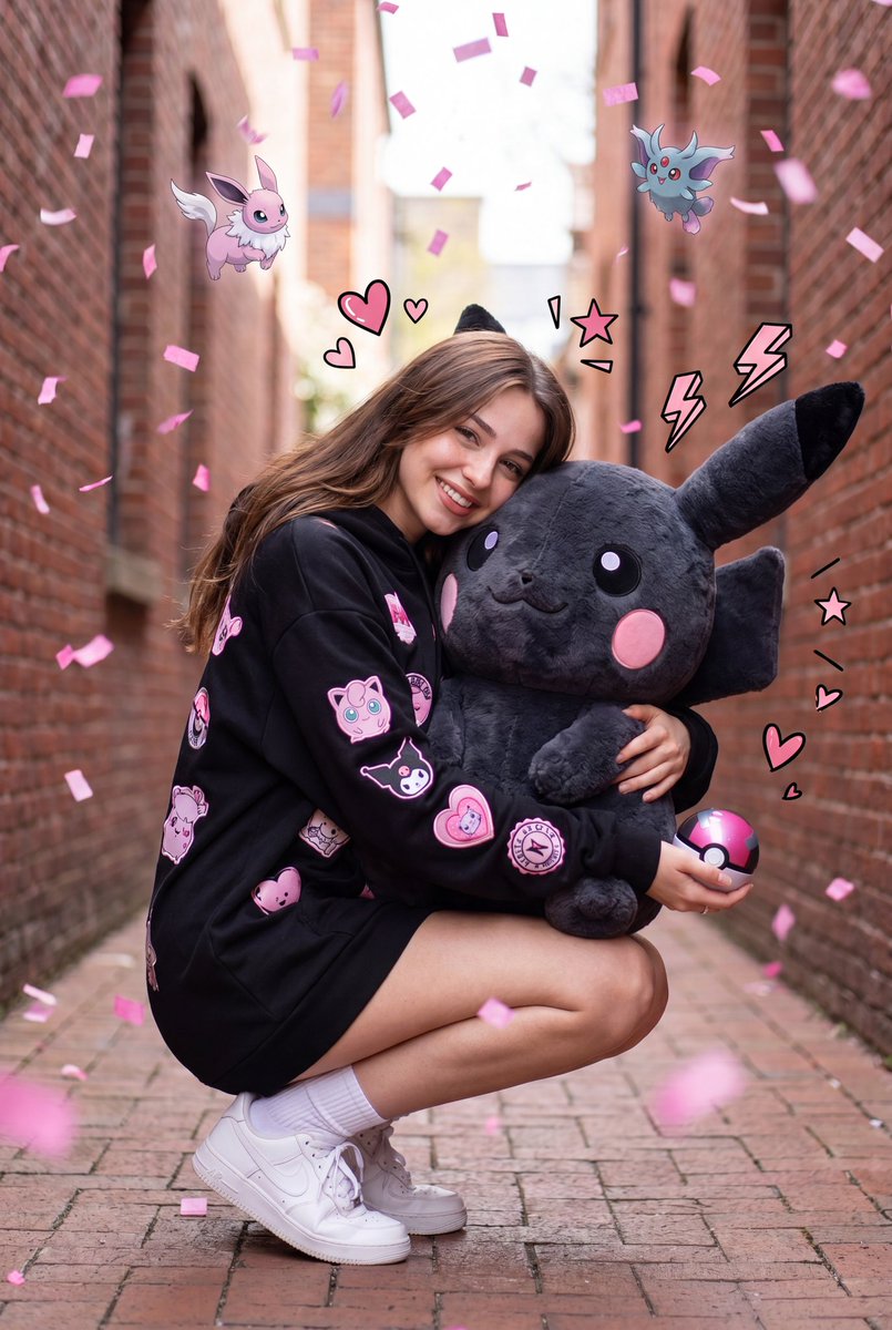 一张超现实的全身近景肖像:一位可爱的年轻女子蹲坐在一条狭窄的城市小巷中,怀抱着一个巨大的、毛茸茸的粉色调皮卡丘风格毛绒玩偶。她身穿一件超大号的粉彩色连帽卫衣裙,装饰着可爱的卡哇伊贴布、爱心、蝴...