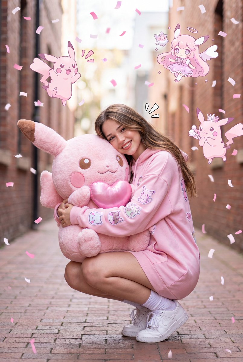 一张超现实的全身近景肖像:一位可爱的年轻女子蹲坐在一条狭窄的城市小巷中,怀抱着一个巨大的、毛茸茸的粉色调皮卡丘风格毛绒玩偶。她身穿一件超大号的粉彩色连帽卫衣裙,装饰着可爱的卡哇伊贴布、爱心、蝴...