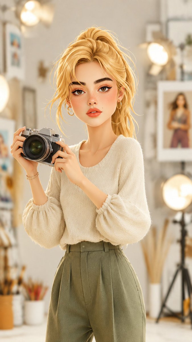 可爱的3D卡通女孩摄影师站在一个温馨的摄影工作室里，手持一台复古相机，脸部灵感来源于一位美丽的金发女孩，有着柔和的雀斑、棕色眼睛、细致的眉毛…… 使用 @lovimg_com 创作 https...