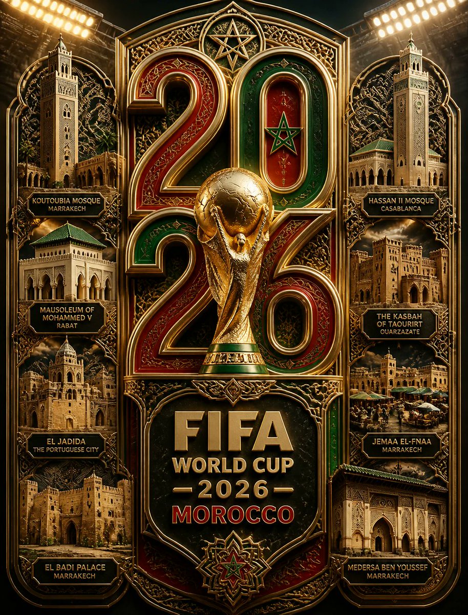 超精细奢华3D国际足联2026摩洛哥世界杯海报。巨大的分层"2026"字样主导整个画面,由相互交织的金属丝带和雕刻般的建筑fr……构成…… 由 @lovimg_com 创作 https://t...