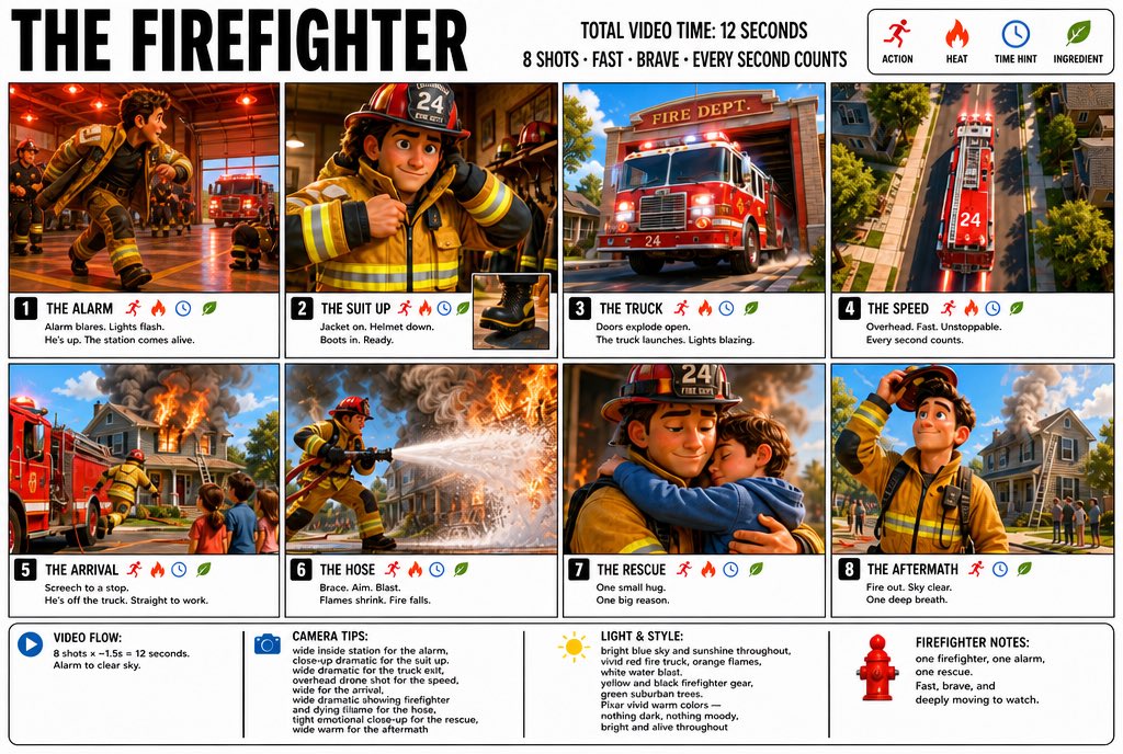 “为《消防员》(THE FIREFIGHTER) 制作一张清晰、干净的信息图式故事板海报。宽幅 16:9 布局，白色背景，黑色边框，醒目的黑色字体，顶级皮克斯 3D 风格化渲染，明亮鲜艳的色彩...