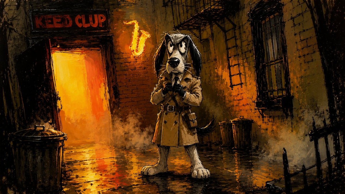 🐶 创建一个15秒的电影动画黑色电影（noir）场景，无对白。 使用所附的角色设定表作为角色一致性的主要参考。使用 [trace] 和 [trace-expressions] 表情指南作为侦探...