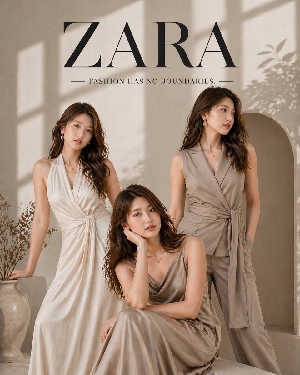 https://t.co/dYqcQ3NjHq 高端时尚宣传海报，呈现ZARA标志性风格，简洁的编辑风视觉，整体采用温暖米色与中性色调，柔和的自然光投射出细腻的窗影，奢华杂志摄影质感。 三位精...