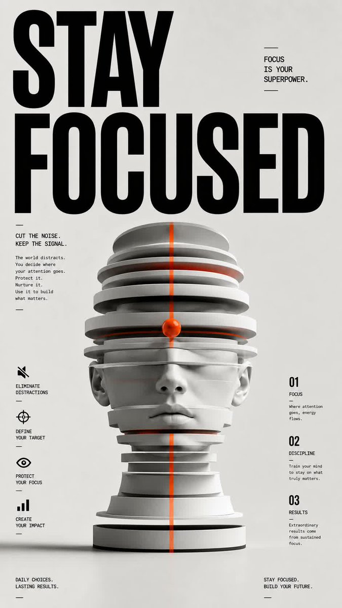 获奖级别的平面设计海报，新编辑 / 当代编辑风格，达到 D&AD / Awwwards / Behance 级别品质。 主题：保持专注（Stay Focused）。 为该主题创作一个强...