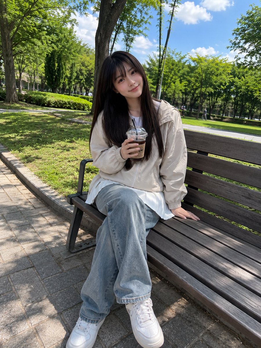 美丽的年轻日本女孩，长直深棕色头发配柔软饱满的齐刘海，白皙肌肤，灿烂自然的笑容，随意地坐在公园木制长椅上，手中拿着一杯冰咖啡。身穿浅米色防风夹克和白色百褶迷你裙，姿态放松，一只手搭在长椅上。周...