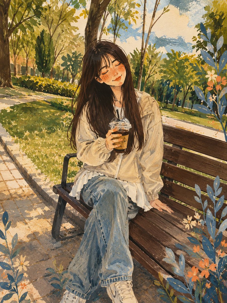 美丽的年轻日本女孩，长直深棕色头发配柔软饱满的齐刘海，白皙肌肤，灿烂自然的笑容，随意地坐在公园木制长椅上，手中拿着一杯冰咖啡。身穿浅米色防风夹克和白色百褶迷你裙，姿态放松，一只手搭在长椅上。周...