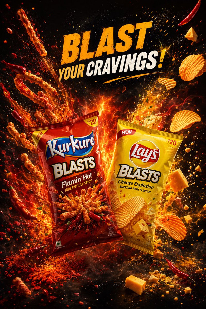 超高端零食广告海报，主打产品为 Kurkure Blasts 和 Lay's Blasts，薯片袋中迸发动态风味爆炸，酥脆薯片和松脆零食碎片定格在半空飞舞，火焰香料、辣椒片、芝士粉、香草和调味...