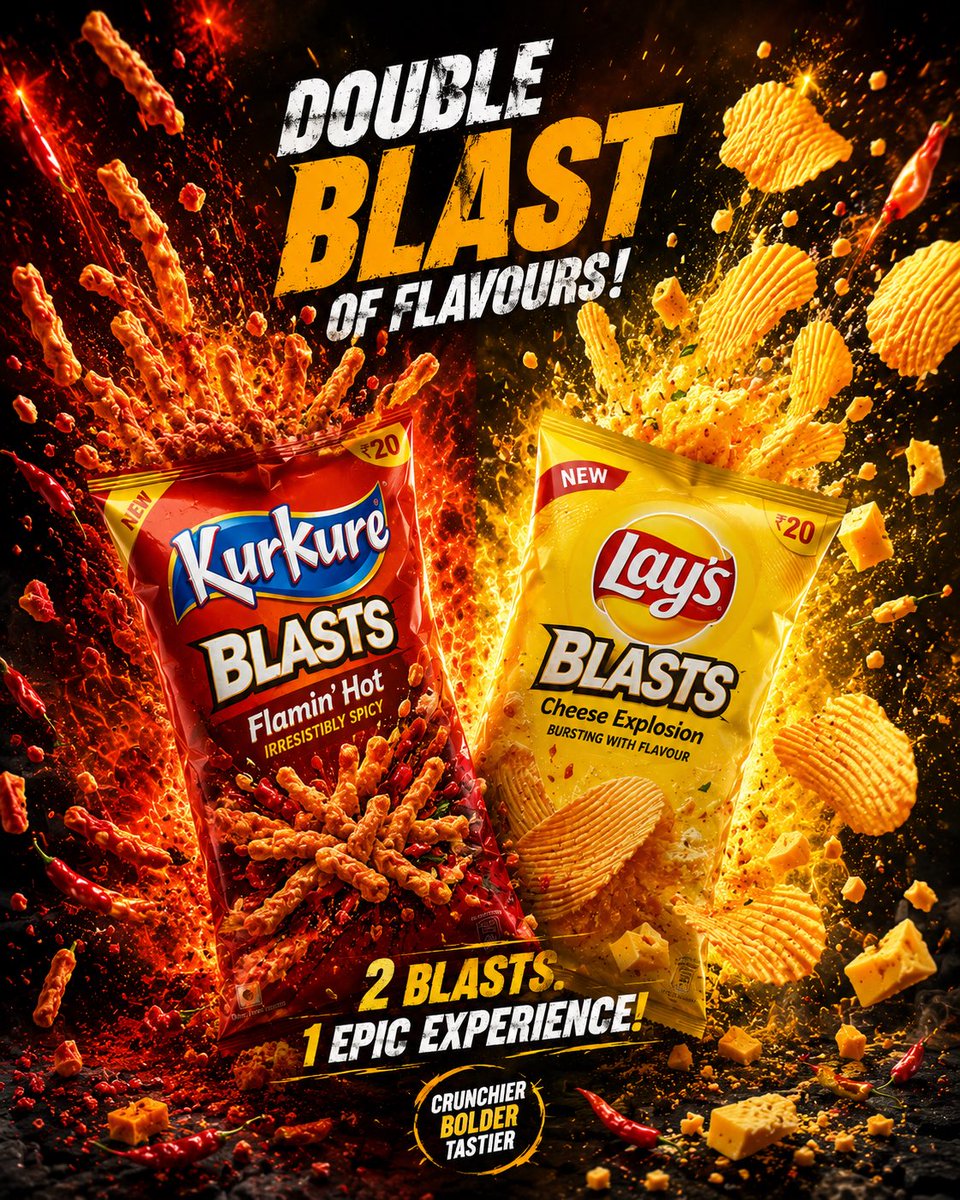超高端零食广告海报，主打产品为 Kurkure Blasts 和 Lay's Blasts，薯片袋中迸发动态风味爆炸，酥脆薯片和松脆零食碎片定格在半空飞舞，火焰香料、辣椒片、芝士粉、香草和调味...