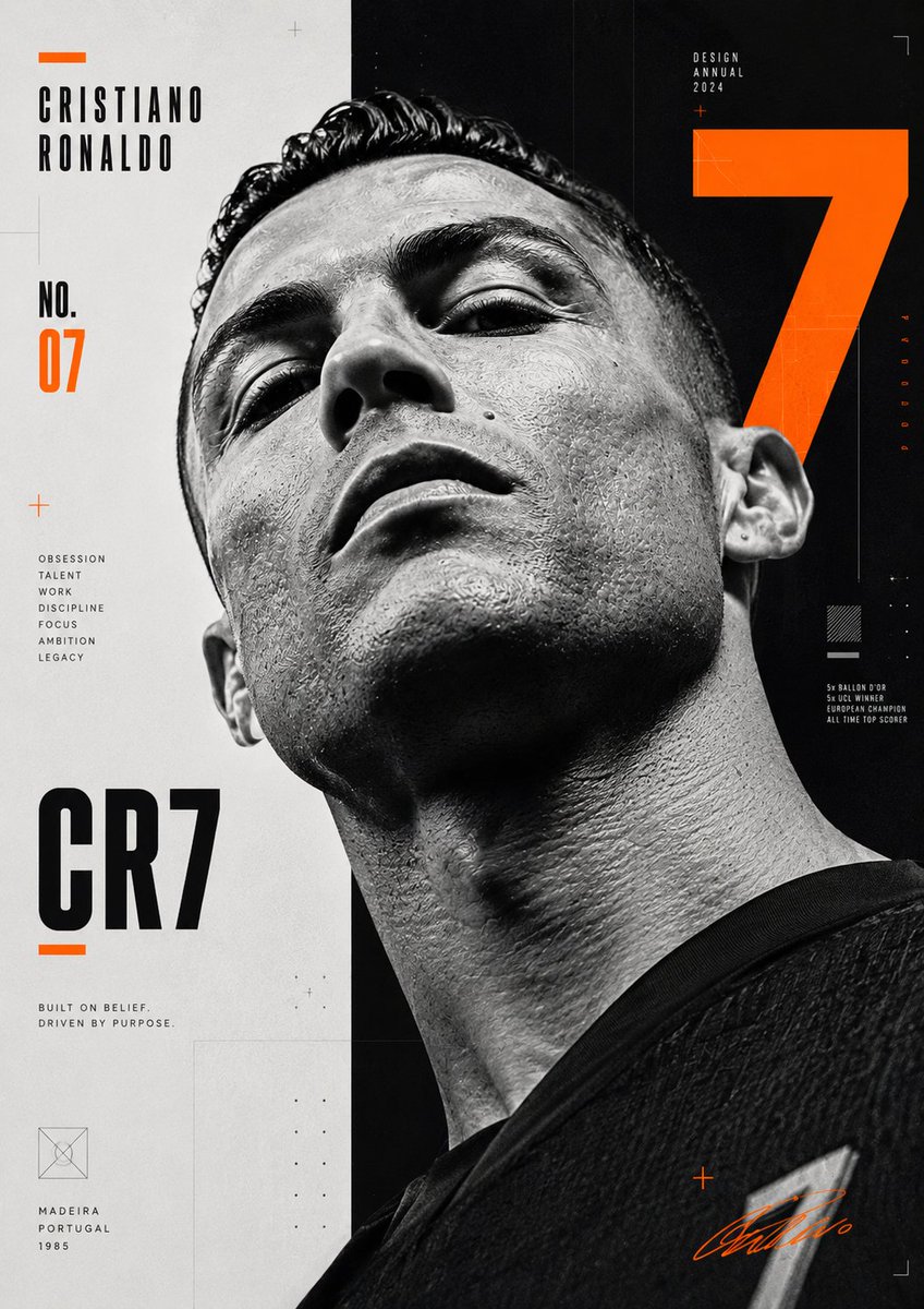 制作一张高度图形化的克里斯蒂亚诺·罗纳尔多(Cristiano Ronaldo)海报,几乎完全采用单色调。肖像应以极高的细节与对比度拍摄,占据画面约百分之七十的构图。每一道面部轮廓、表情线条和...