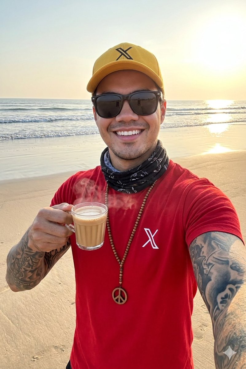 清晨心情 ✨🌅 宁静、爱意，与清晨的茶。 Google gemini 提示分享： 一张高质量的专业自拍照，照片中是一位面容粗犷、微笑的年轻男子，手臂上有纹身，站在宽阔的沙滩上，背景是明亮的清晨...