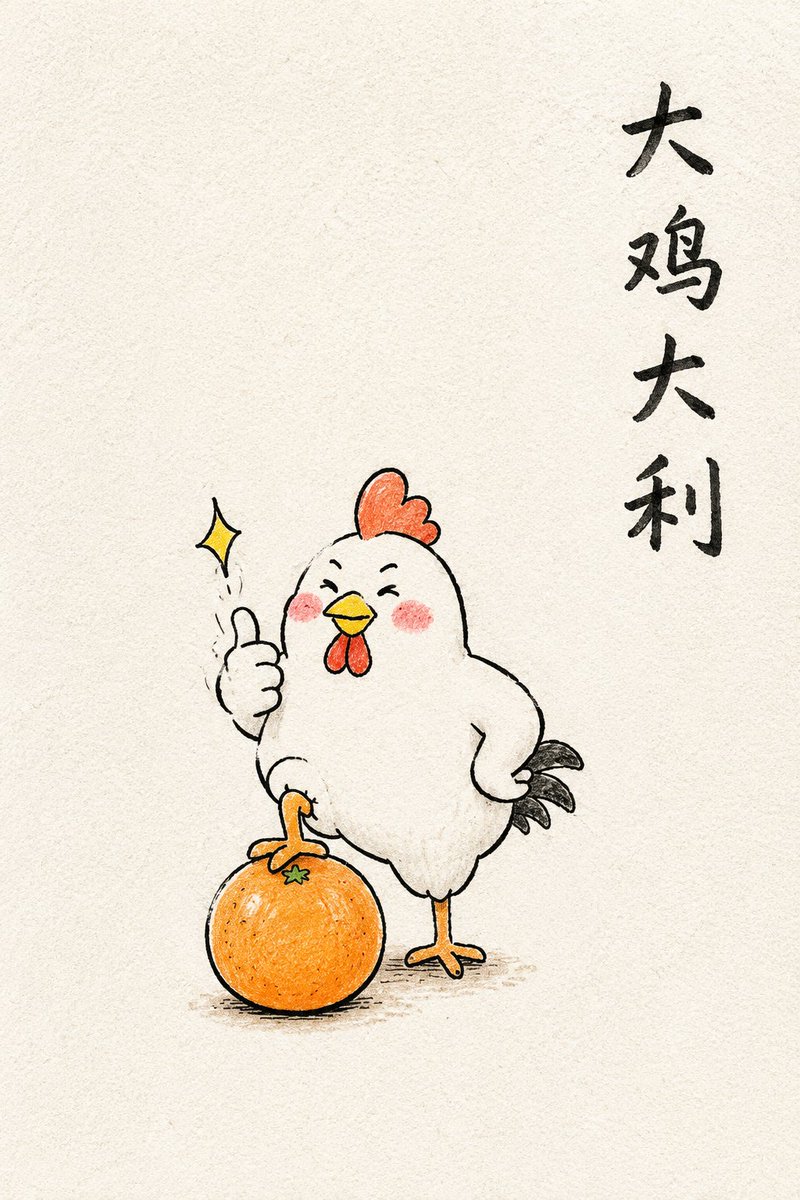 竖版手绘插画，一张温暖幽默的中文谐音成语小画，主题是“【谐音成语】”。 画面主体为【大鸡大利】，正在做出与谐音含义相关的动作：【动作描述】。 整体像儿童手账里的简笔画，黑色细线勾勒，彩色铅笔轻...