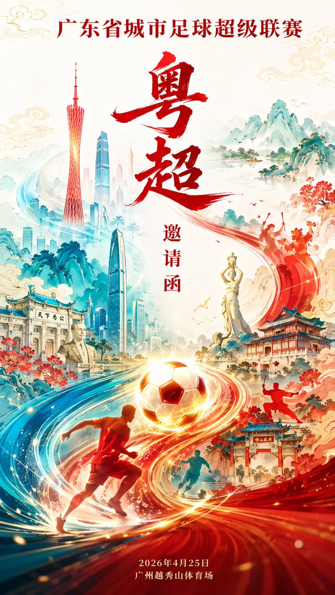 设计一张9:16的广东省城市足球超级联赛邀请海报。采用S形流动布局,以一颗发光的足球和流动的能量线条作为视觉锚点。沿S形动线融入广东标志性建筑与文化元素:广州塔、深圳平安金融中心、珠海渔女雕塑...