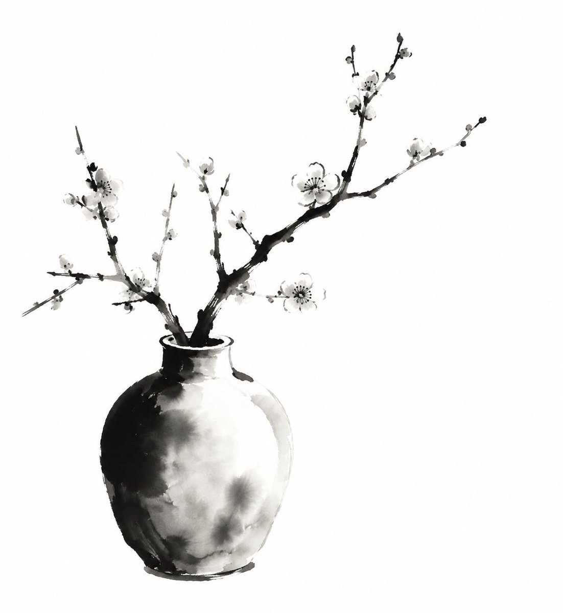 对中国传统水墨画中"花瓶插梅"的诠释，表现性的黑色墨色笔触，柔和的渐变，诗意的简约，极简的构图，大面积留白，营造出宁静优雅的氛围，自然的墨色晕染，飞溅与滴落，宣纸纹理背景，单色调，黑色与白色的...