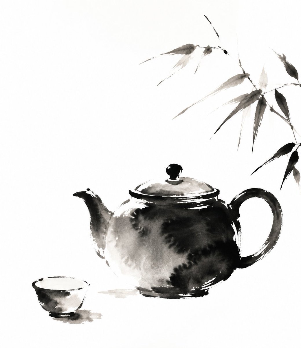 茶壶的传统中国水墨写意诠释,富有表现力的黑色墨水笔触,柔和的渐变,诗意的简约,极简主义的构图,大面积留白,含蓄… 由 @lovimg_com 创作 https://t.co/6ddaxpkgQ...
