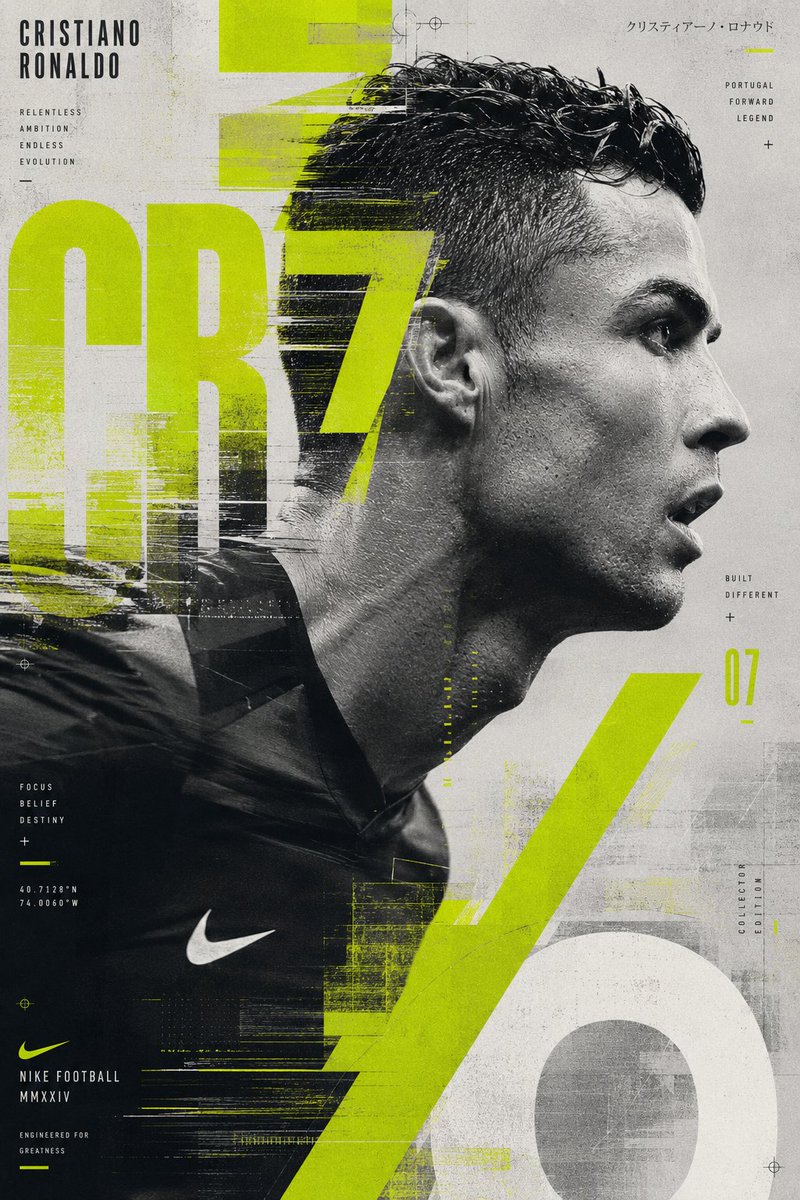 创作一张实验性的克里斯蒂亚诺·罗纳尔多（Cristiano Ronaldo）海报，以动态捕捉的惊艳侧面肖像为核心。罗纳尔多似乎正在画面中移动，而设计语言追随他的动作。整体构图应充满活力、年轻感...