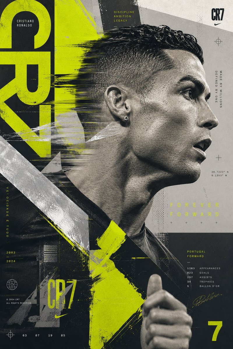 创作一张实验性的克里斯蒂亚诺·罗纳尔多（Cristiano Ronaldo）海报，以动态捕捉的惊艳侧面肖像为核心。罗纳尔多似乎正在画面中移动，而设计语言追随他的动作。整体构图应充满活力、年轻感...