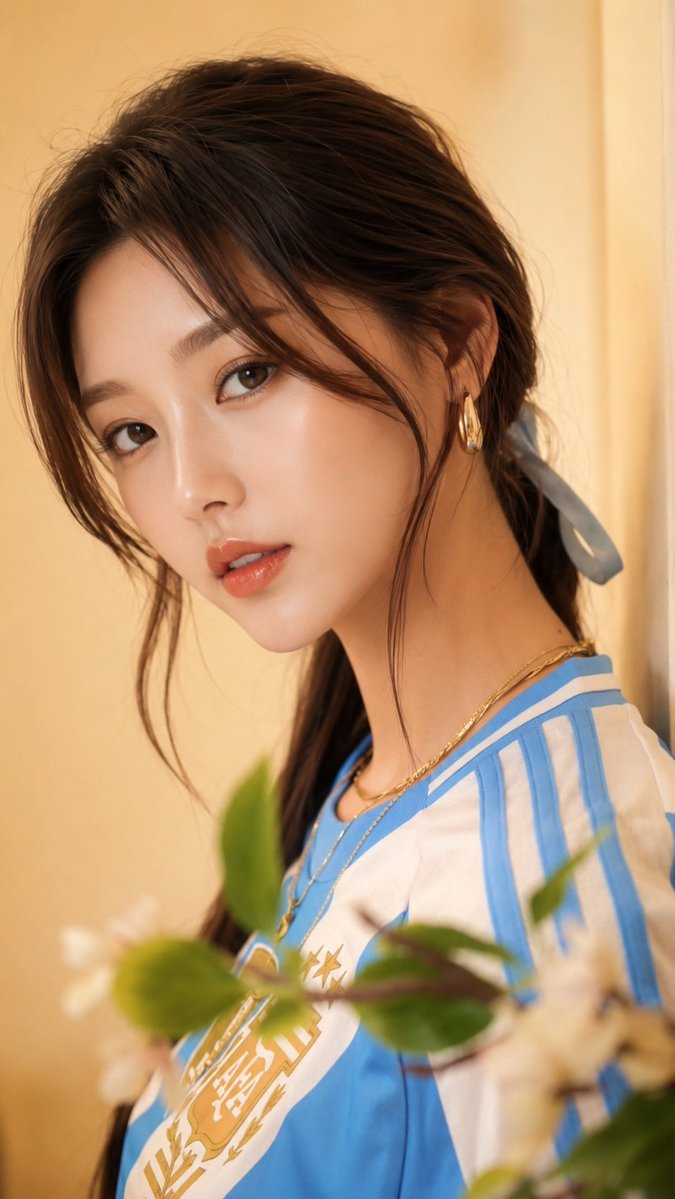 一位美丽年轻东亚女性的超写实特写肖像，淡雅的裸妆，水蜜桃色亮泽唇彩，肌肤清透焕亮，大而有神的双眸，面部线条精致，深棕色头发用浅蓝色缎带扎成低马尾，散落几缕修饰脸型的发丝，佩戴小巧的金色圈形耳环...