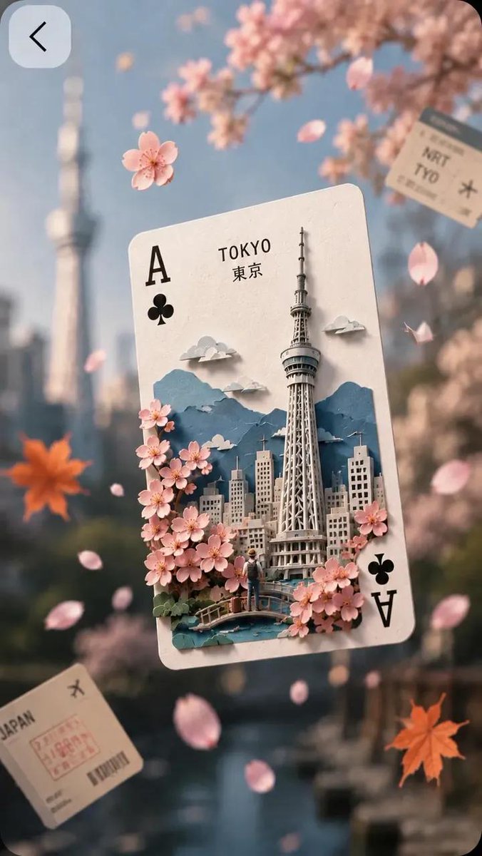 灵感源自日本的超精细奇幻旅行海报，以一张漂浮的黑桃J扑克牌为主体，化为一座精致繁复的3D剪纸立体场景。卡片上以日文汉字标注“HAKONE”（箱根），内部呈现令人惊叹的微缩景观：背景巍峨壮丽的富...