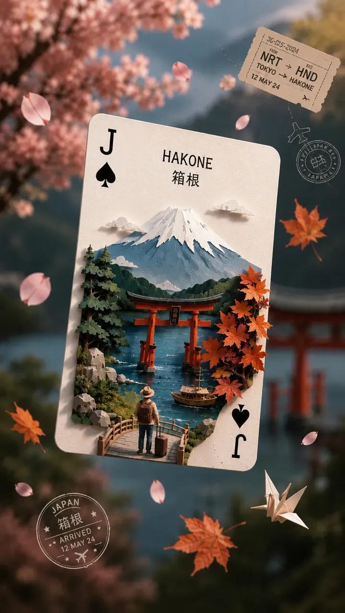 灵感源自日本的超精细奇幻旅行海报，以一张漂浮的黑桃J扑克牌为主体，化为一座精致繁复的3D剪纸立体场景。卡片上以日文汉字标注“HAKONE”（箱根），内部呈现令人惊叹的微缩景观：背景巍峨壮丽的富...