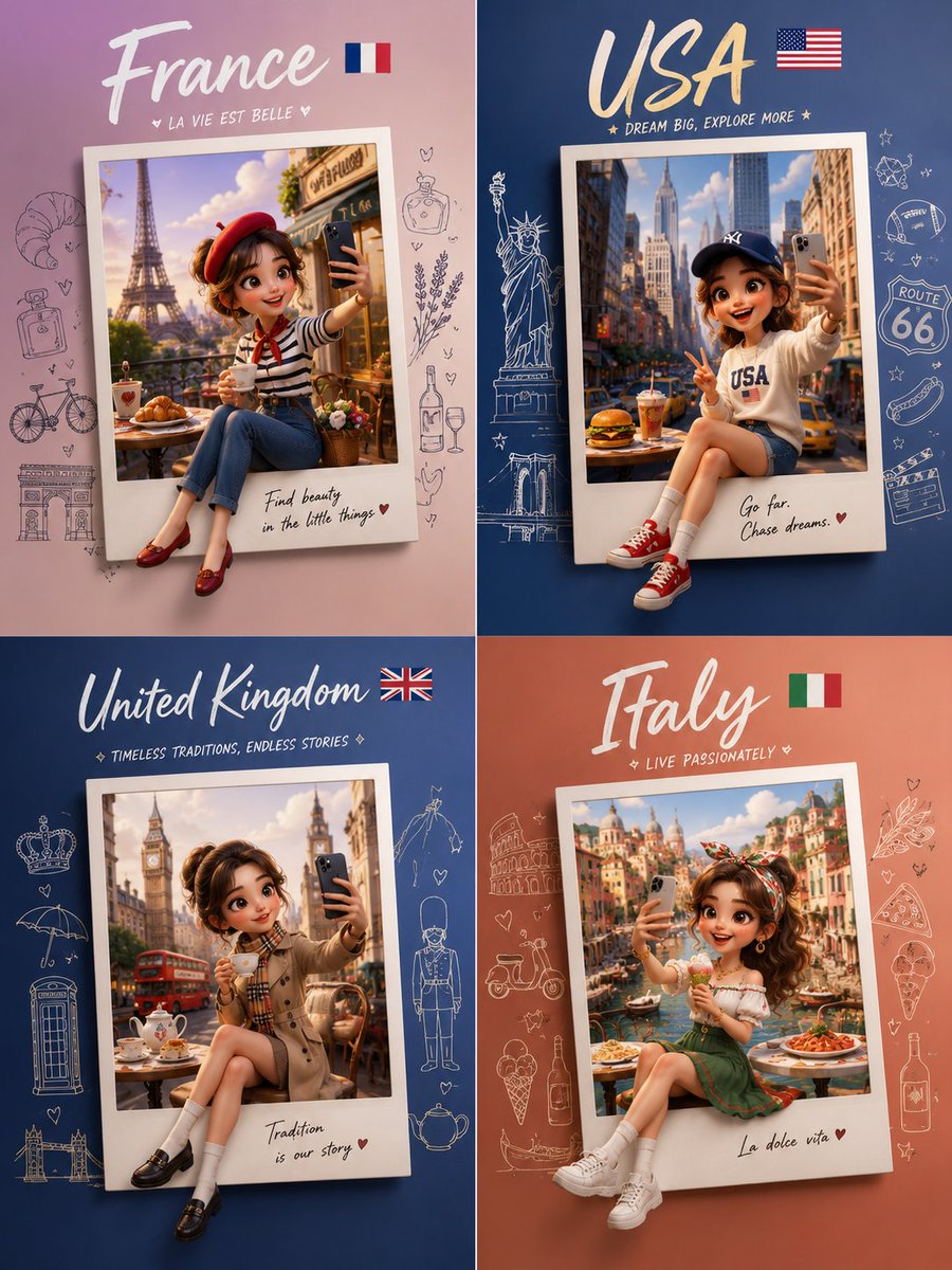 一个提示词。 任意国家。 使用 GPT Image 2 在 GPTProto 上创建。 France 🇫🇷 USA 🇺🇸 United Kingdom 🇬🇧 Italy 🇮🇹 一个收藏版旅行海...