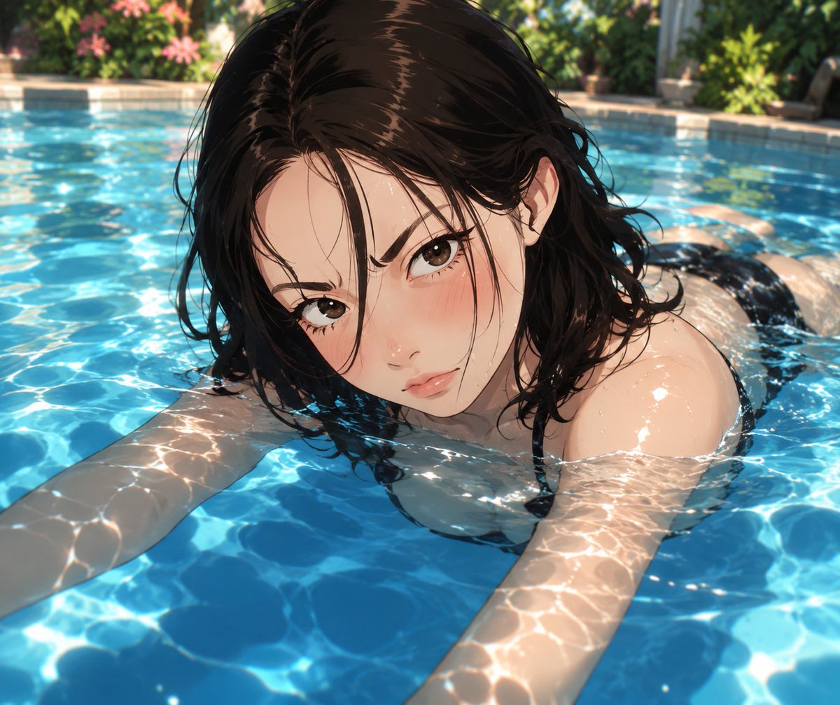 使用 Chat GPT 上的 GPT Image 制作 提示词 一位惊艳美丽的动漫风格年轻女子，在一个温暖的夏日午后，于奢华的透明无边泳池中优雅地游泳。她有着齐肩湿润的深棕色头发，细致的发丝贴...