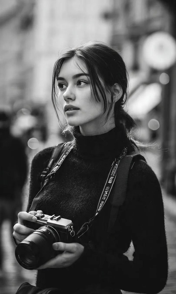 电影感的黑白城市人像肖像：一位年轻的女摄影师站在城市人行道上，双手握着一台无反相机。妆容精致自然，眼神锐利有神，深色头发松散扎起，几缕碎发垂落在脸庞两侧。身穿黑色高领上衣，相机背带垂挂于颈间。...
