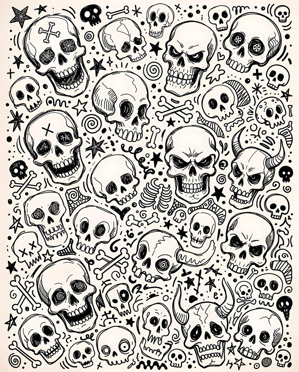 一幅黑白手绘涂鸦风格的插画，在白色背景上杂乱地排列着各种形状和大小的骷髅头。有些骷髅头是完整的，带有眼窝和牙齿，而其他则是碎片化或抽象的。骷髅头之间散布着小巧的程式化骨头、星星图案和圆点，增添...