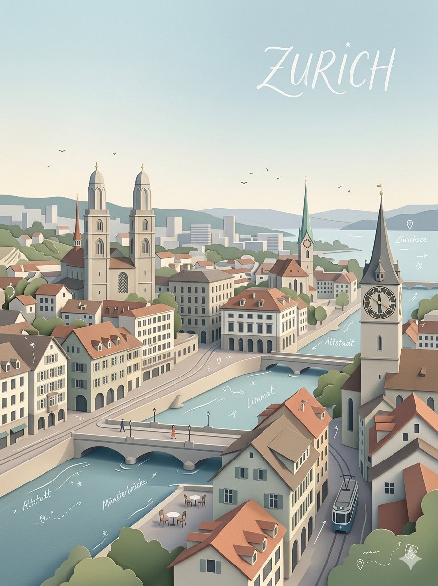 创作一幅高品质商用级竖版 3:4 分层剪纸拼贴插画，主题为 [CITY]（[COUNTRY]），展现这座城市历史底蕴与当代都市身份和谐共生的面貌。 请自动选择一个真实可信的视角，让古老建筑与现...