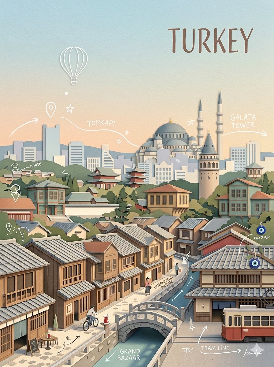创作一幅高品质商用级竖版 3:4 分层剪纸拼贴插画，主题为 [CITY]（[COUNTRY]），展现这座城市历史底蕴与当代都市身份和谐共生的面貌。 请自动选择一个真实可信的视角，让古老建筑与现...