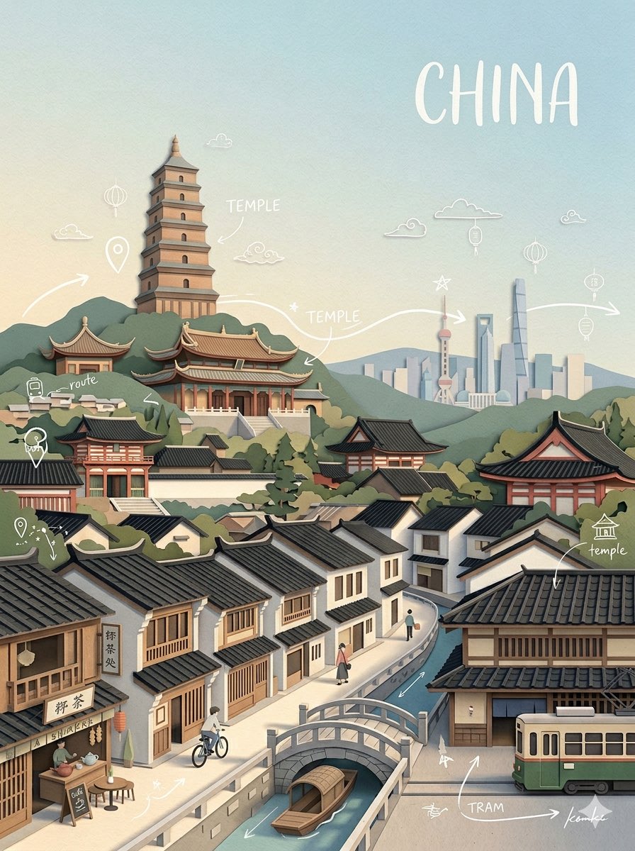 创作一幅高品质商用级竖版 3:4 分层剪纸拼贴插画，主题为 [CITY]（[COUNTRY]），展现这座城市历史底蕴与当代都市身份和谐共生的面貌。 请自动选择一个真实可信的视角，让古老建筑与现...