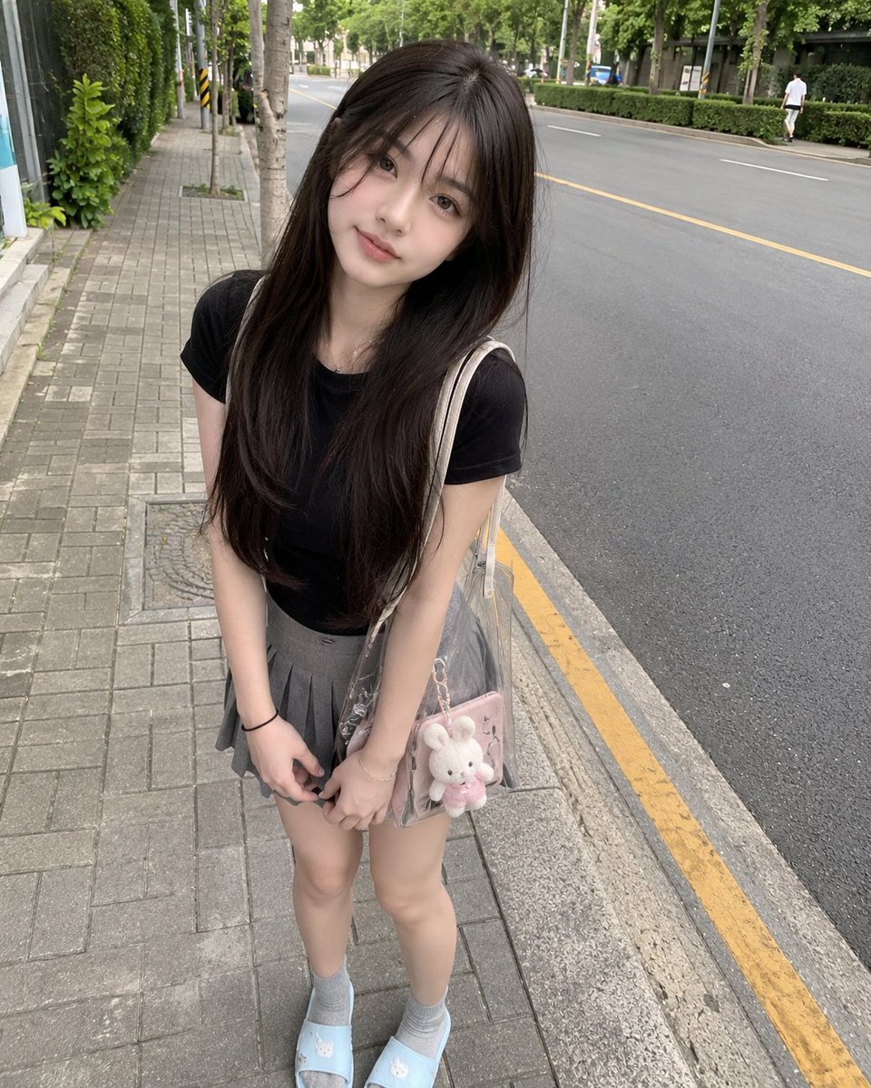 年轻的日本女孩，长直深棕色头发配柔和刘海，身着修身黑色T恤、灰色百褶迷你裙、灰色袜子与浅蓝色拖鞋，随意站在绿树成行的安静道路旁的人行道上。微微前倾，露出可爱自然的微笑，手里拿着一个透明托特包，...
