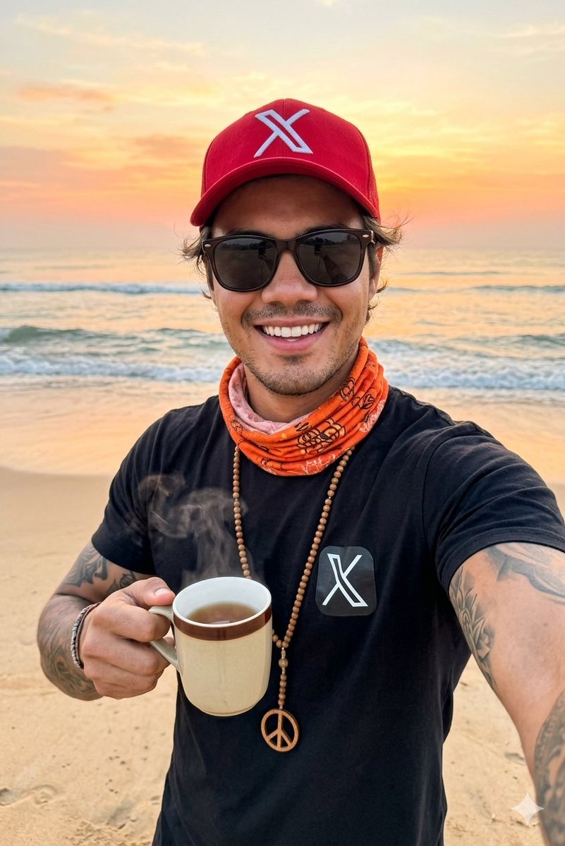 清晨的幸福时光。☕🌅 以温热的茶和海风开启新的一天。✨ Google gemini 提示词分享： 一张高质量的专业自拍照片：一位粗犷、微笑的年轻男子，手臂上有纹身，站在宽阔的沙滩上，背景是明亮...