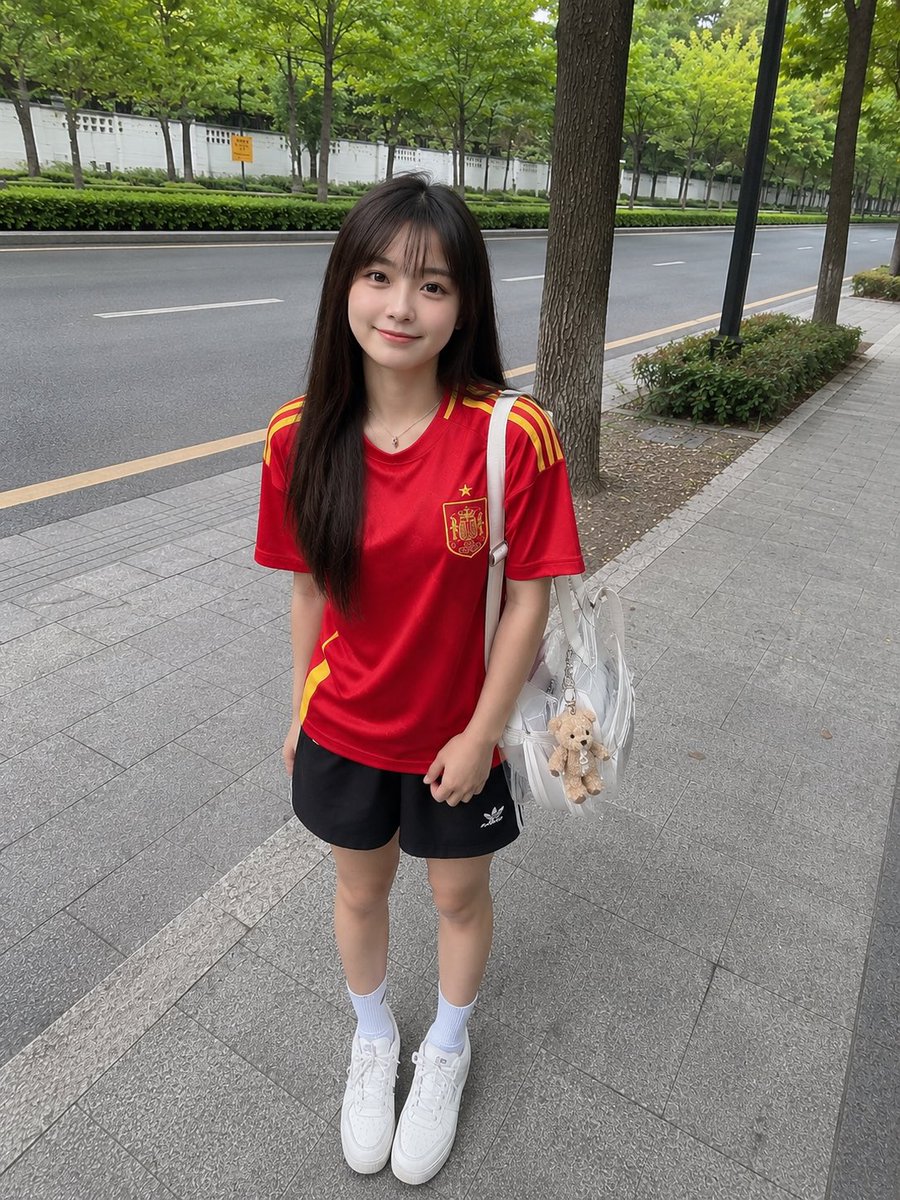 年轻的日本女孩，留着长直的深棕色头发和柔软的刘海，身穿红色西班牙国家足球队球衣、黑色运动短裤、白色中筒袜和白色运动鞋，悠闲地站在绿树成荫的安静道路旁的人行道上。她微微前倾，露出可爱自然的微笑，...