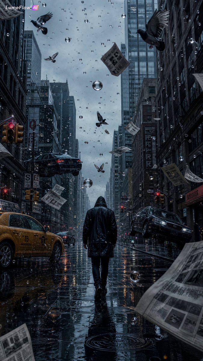 “一座时间完全静止的城市，电影感的都市街景，鸟儿冻结在半空，雨滴悬浮在空中，汽车停止在运动中，报纸漂浮着，一个神秘的身影穿过这座被冻结的城市，戏剧性的氛围，超写实，湿漉漉街道上精致的倒影，暗色...