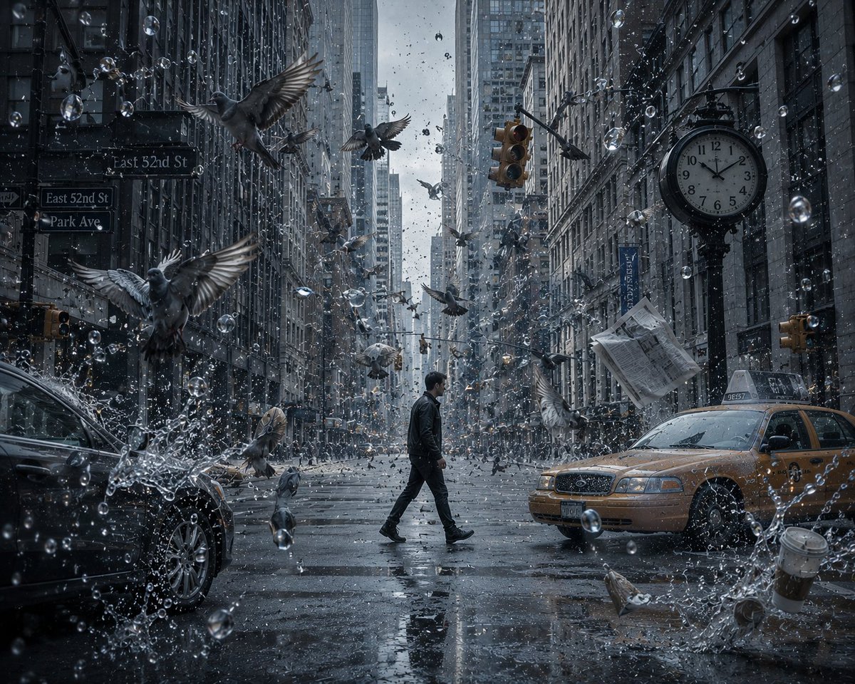“一座时间完全静止的城市，电影感的都市街景，鸟儿冻结在半空，雨滴悬浮在空中，汽车停止在运动中，报纸漂浮着，一个神秘的身影穿过这座被冻结的城市，戏剧性的氛围，超写实，湿漉漉街道上精致的倒影，暗色...