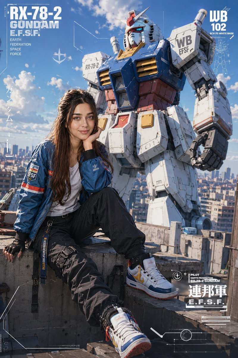 上传图片中的年轻女性，半写实动漫风格，全身时尚大片造型，随意坐在阳光照射的屋顶边缘，身着未来感蓝色飞行员夹克、白色T恤、黑色战术工装裤、半指手套，身后矗立着巨型RX-78-2高达，机械装甲超精...