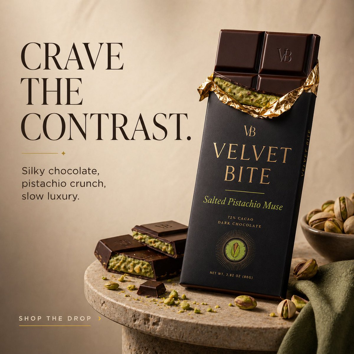 为虚构的高端奢华巧克力品牌 Velvet Bite 设计三张高级感方形产品广告。 每张广告都以一块黑巧克力为主角，并保持统一的品牌包装：哑光黑色包装纸、金箔装饰、优雅的衬线字体，以及高端杂志风...