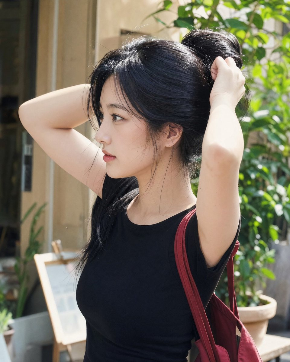 年轻的东亚女性，留着非常长而浓密的乌黑长发，在盘发的瞬间被以自然的侧脸抓拍，双手抬起将头发扎成发髻。柔和的阳光照亮她的脸庞与发丝，肌肤质感自然，表情放松，身着合身的黑色T恤，一侧肩膀可见红色背...