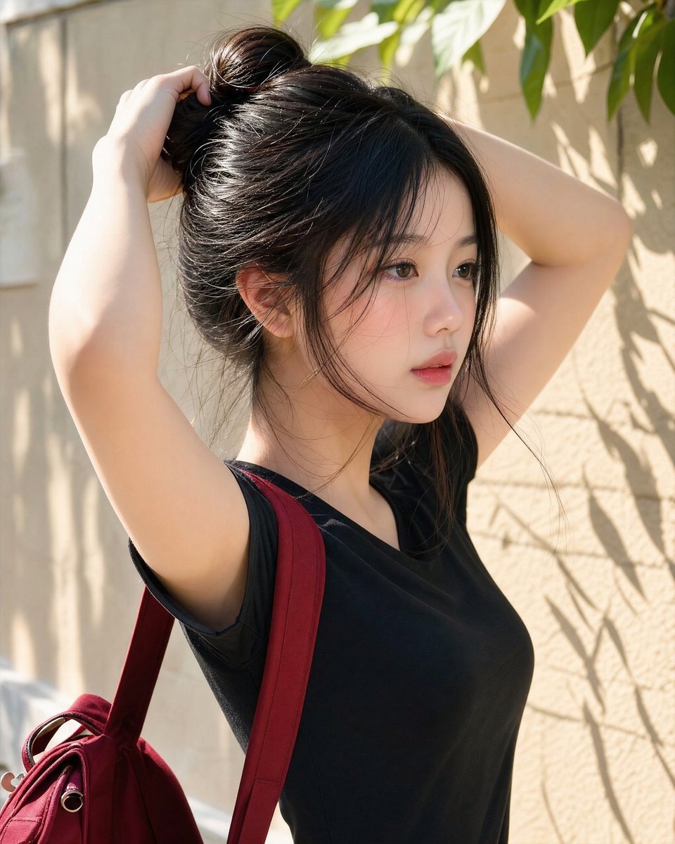 年轻的东亚女性，留着非常长而浓密的乌黑长发，在盘发的瞬间被以自然的侧脸抓拍，双手抬起将头发扎成发髻。柔和的阳光照亮她的脸庞与发丝，肌肤质感自然，表情放松，身着合身的黑色T恤，一侧肩膀可见红色背...