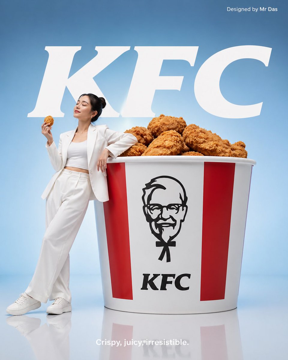 极简风格的纯净产品广告，以一个巨型肯德基(KFC)全家桶作为视觉主体。一位身穿纯白色服装的年轻女子站在超大尺寸的桶旁,姿势放松随意,双眼微闭,手中拿着一块炸鸡。柔和的蓝色渐变背景,搭配醒目的白...