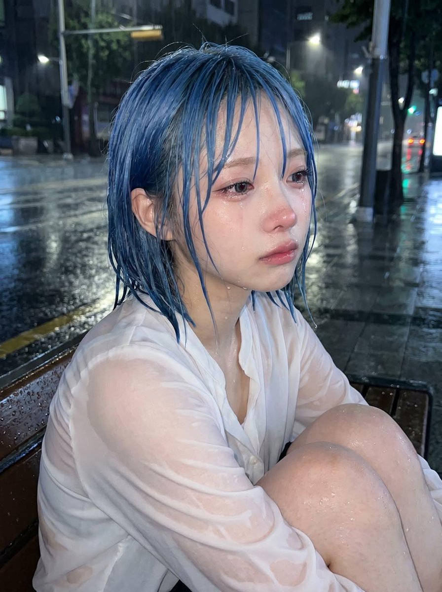 以上传的人像照片作为人物面部、发型、面部结构、肤色以及整体气质方面的身份参考。 请创作一张高质量、写实且具有电影感的人像作品，呈现同一个人夜晚在户外雨中美丽地哭泣，呈现出真实的韩剧街景氛围。...