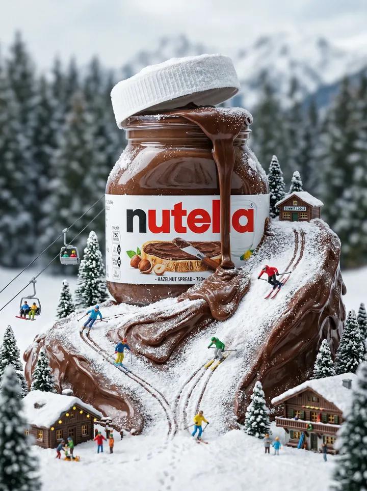https://t.co/2UCofBJpvI 提示词： 以巨型 Nutella（能多益）榛果巧克力酱罐为中心构建的电影感微缩冬季世界，浓稠的巧克力榛果酱流淌而出，形成光滑如镜的山脉滑雪坡道，...