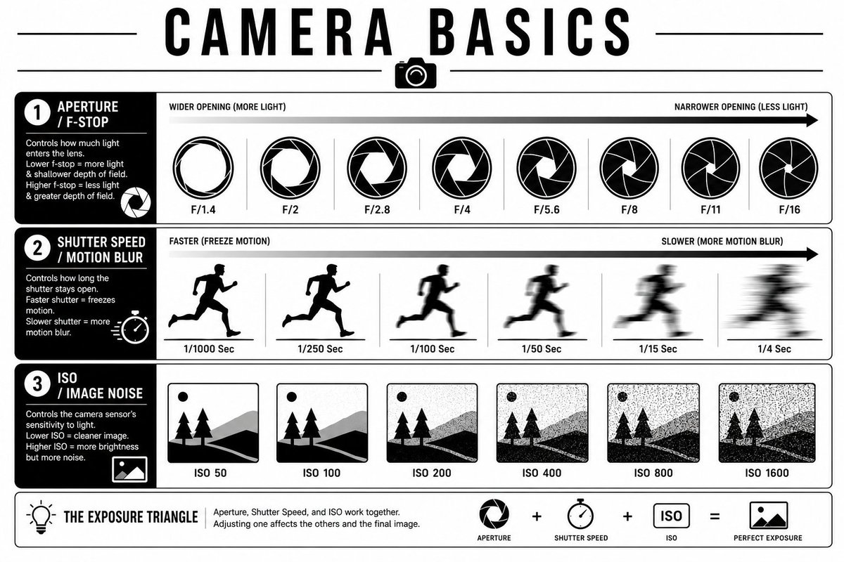 在白色背景上创建一个干净的、黑白相间的教育信息图，标题为CAMERA BASICS（相机基础）。顶部使用粗体大写字体，字距加宽。 信息图设计分为三个清晰的水平部分： 第1部分 光圈 / F值：...