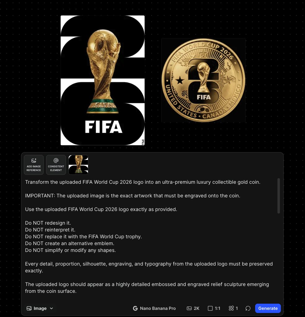 将上传的 2026 年 FIFA 世界杯标志打造成一款超高端奢华收藏级金币。 重要提示：上传的图片是必须雕刻在硬币上的确切图案。 请完全按照所提供的样子使用上传的 2026 年 FIFA 世界...