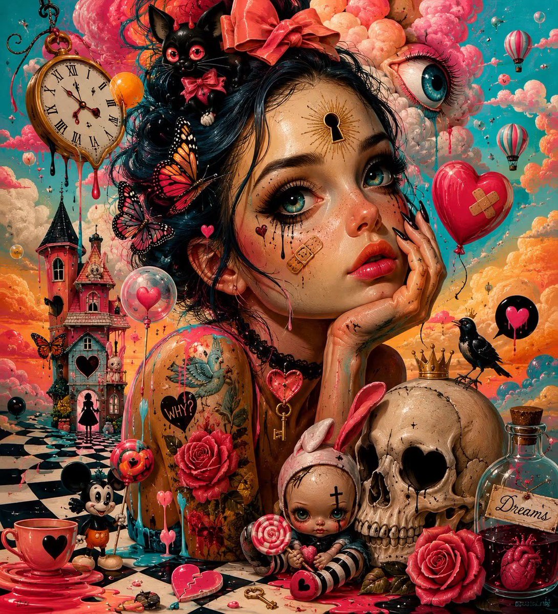 杰作级波普超现实主义奇幻肖像画：一位忧郁的年轻女子，拥有巨大而明亮的蓝色眼眸和瓷器般白皙的肌肤，手托着脸庞，沉思冥想。她身处一个梦幻般的世界，周围漂浮着粉色云朵、热气球、蝴蝶、心形气球、滴落的...