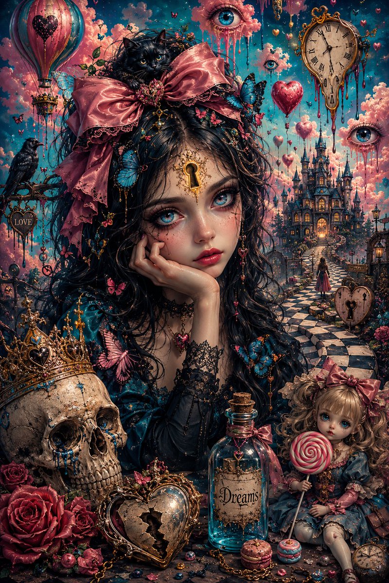 杰作级波普超现实主义奇幻肖像画：一位忧郁的年轻女子，拥有巨大而明亮的蓝色眼眸和瓷器般白皙的肌肤，手托着脸庞，沉思冥想。她身处一个梦幻般的世界，周围漂浮着粉色云朵、热气球、蝴蝶、心形气球、滴落的...