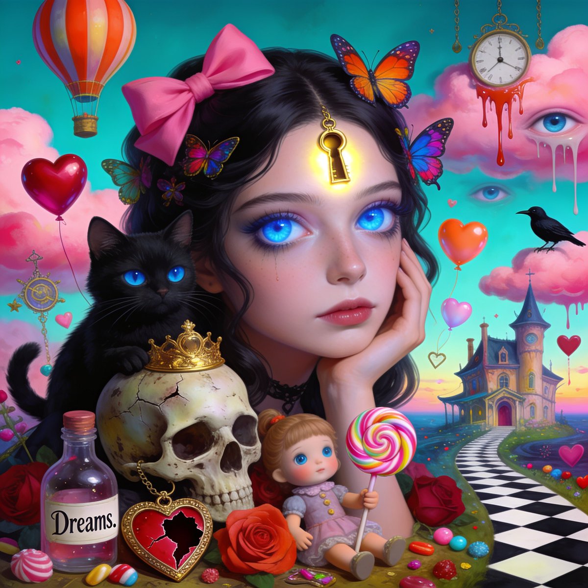 杰作级波普超现实主义奇幻肖像画：一位忧郁的年轻女子，拥有巨大而明亮的蓝色眼眸和瓷器般白皙的肌肤，手托着脸庞，沉思冥想。她身处一个梦幻般的世界，周围漂浮着粉色云朵、热气球、蝴蝶、心形气球、滴落的...